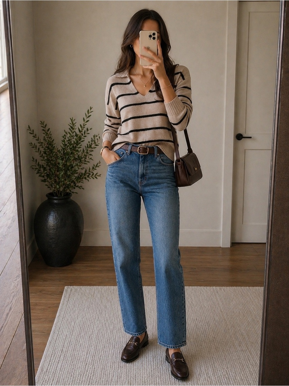 Reformation Striped Cashmere Sweater Beige Black V-Neck Collared Knit Beckie XS